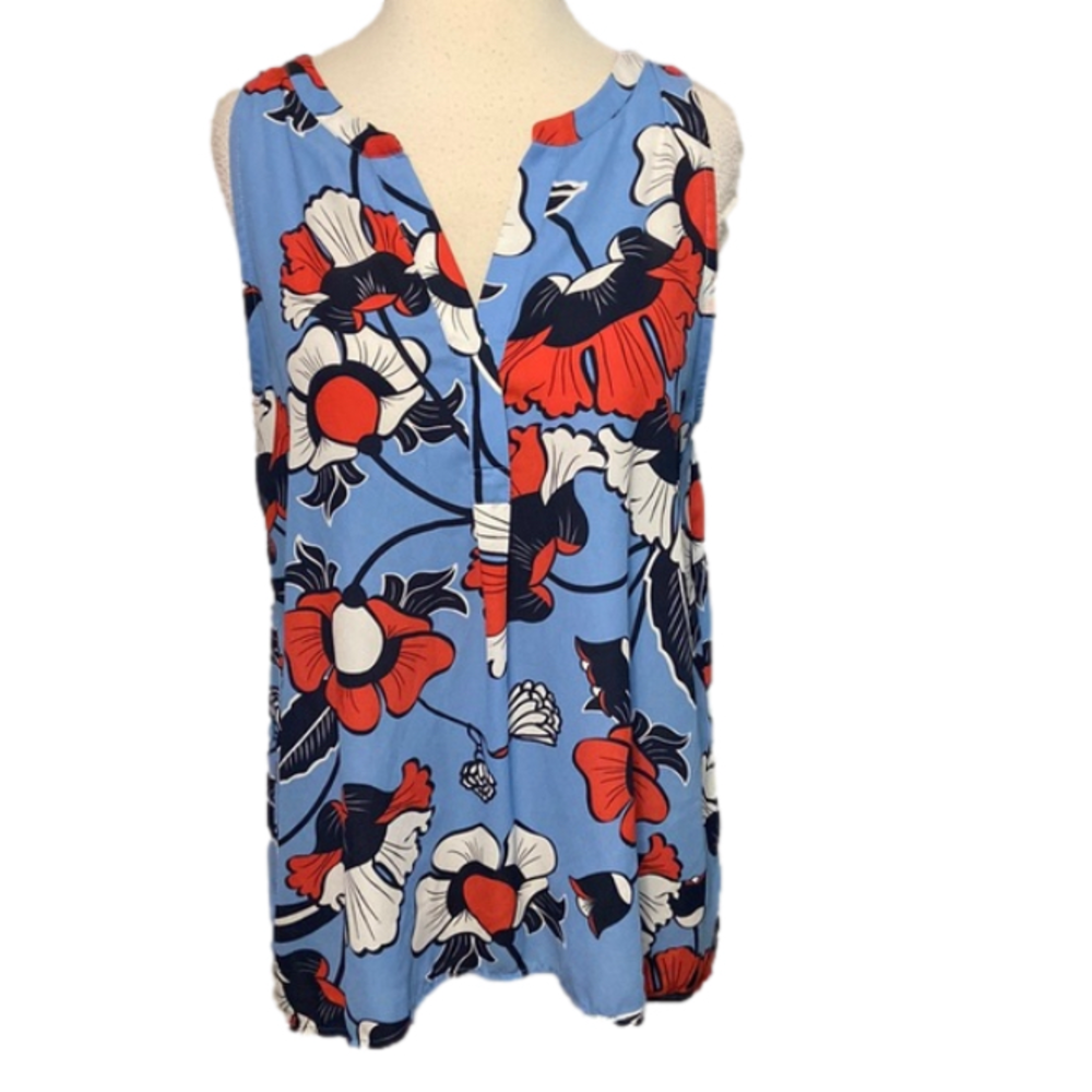 Dalia Sleeveless Top Floral Hi-Low Hem Blue Red Large